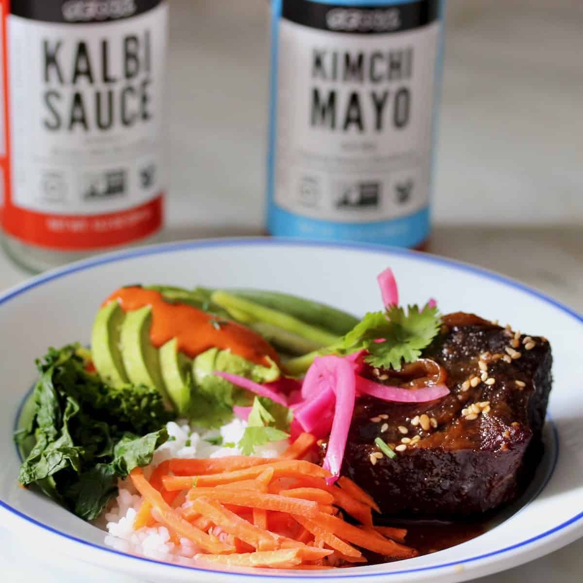 kalbi short rib bowls with Lucky Food products