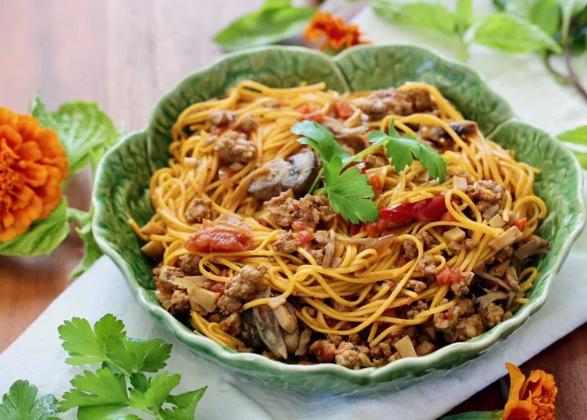 Pumpkin spice pasta with a bold Asian sauce