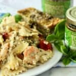 Surf & Turf Pesto Pasta with Crispy Bread.