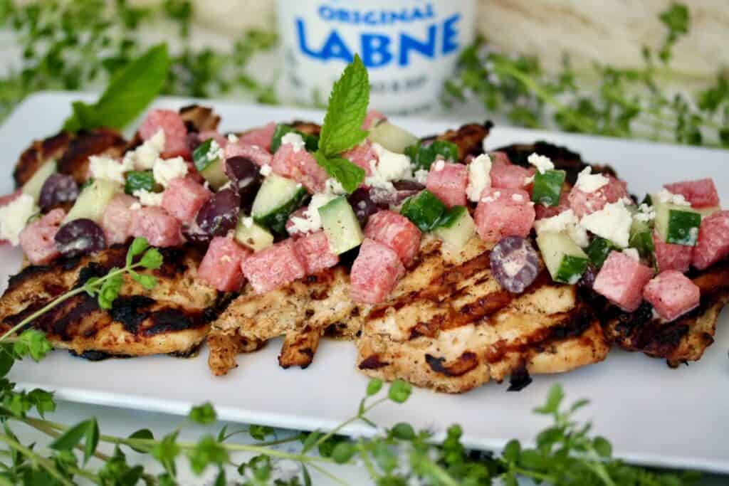 Labne marinated grilled chicken with cucumber-melon salad.