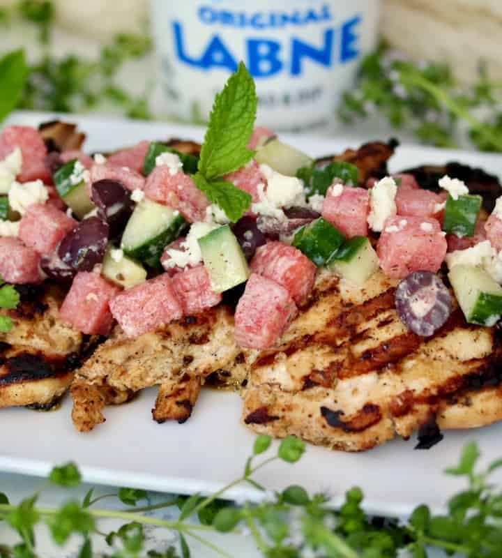 Labne marinated grilled chicken with cucumber-melon salad.