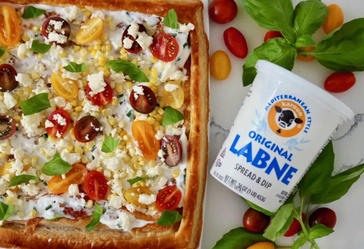 Labne corn and tomato tart.