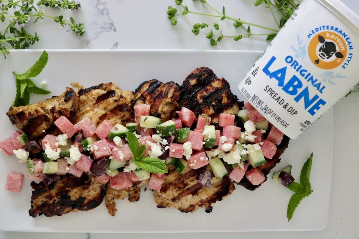 Labne marinated grilled chicken with cucumber-melon salad