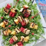 Grilled paneer and fruit skewers.