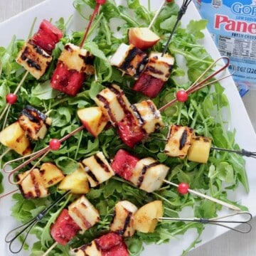 Grilled paneer and fruit skewers.