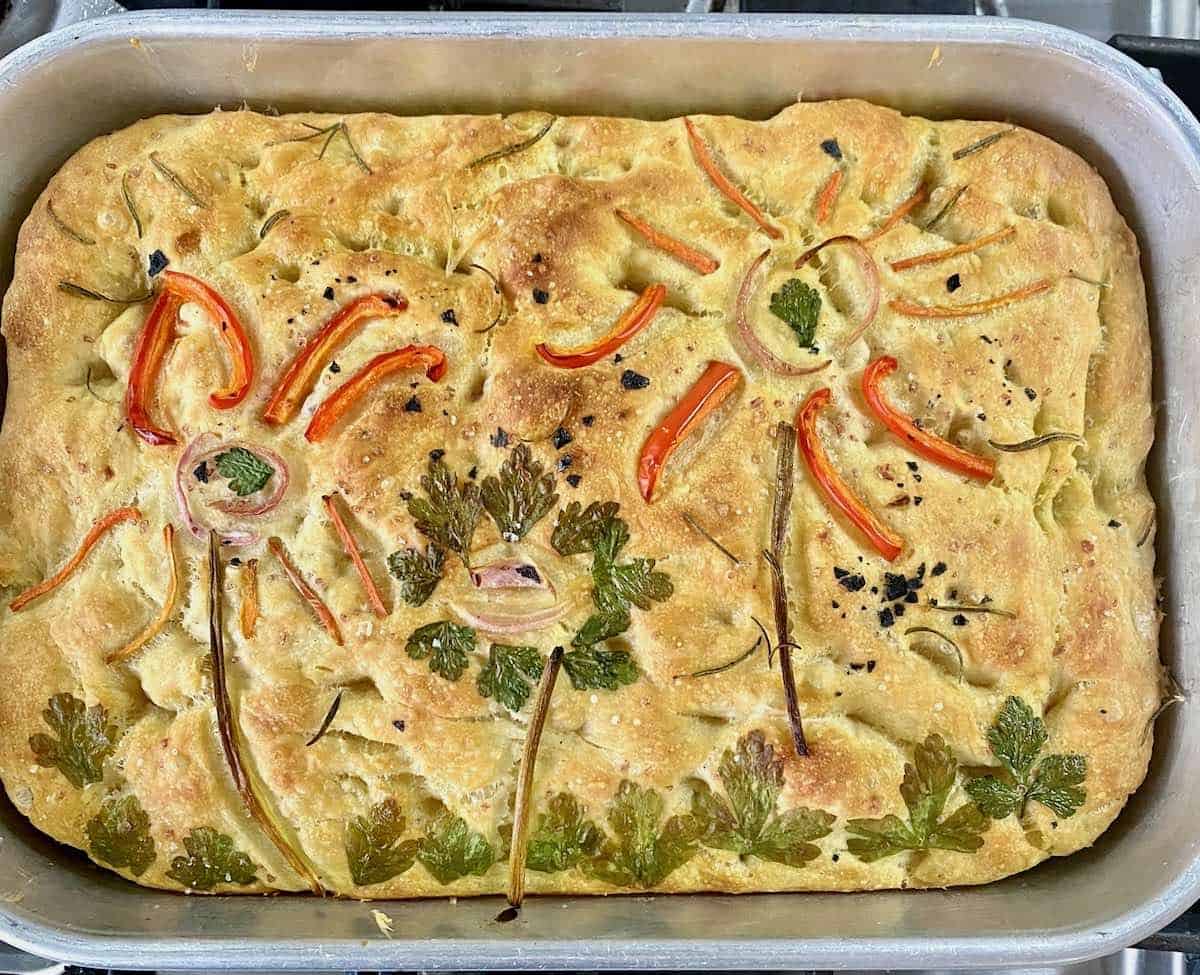 Baked family fun focaccia art bread.