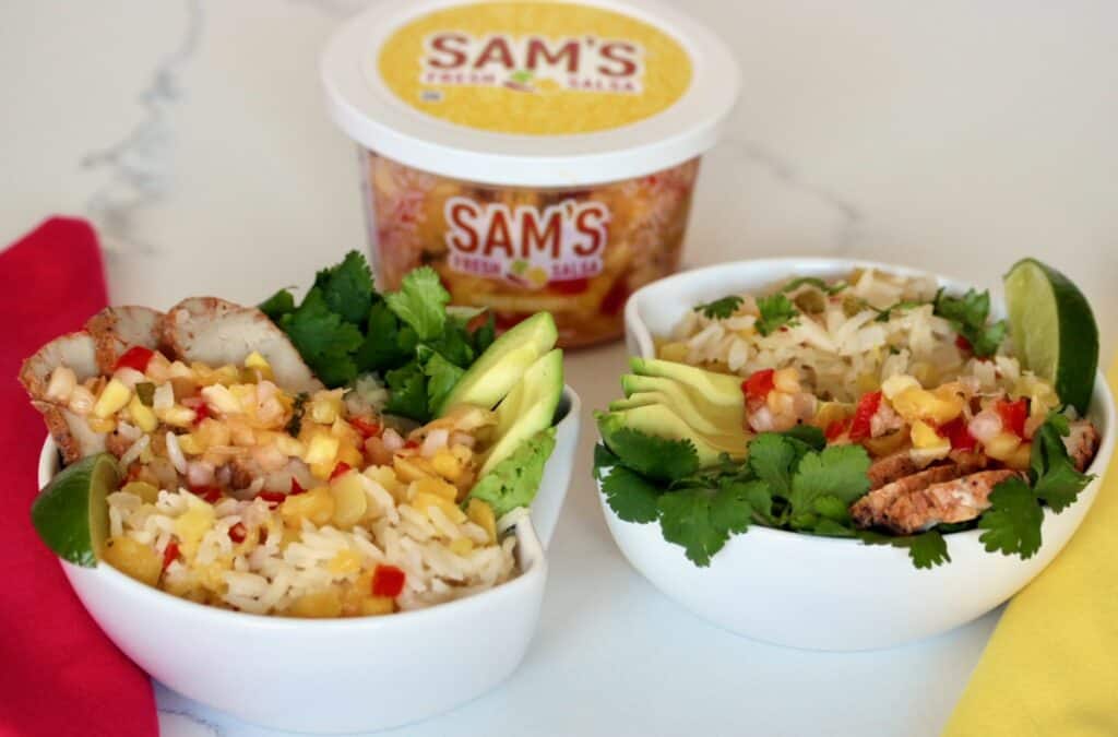 Mexican style rice bowls with Sam's salsa.