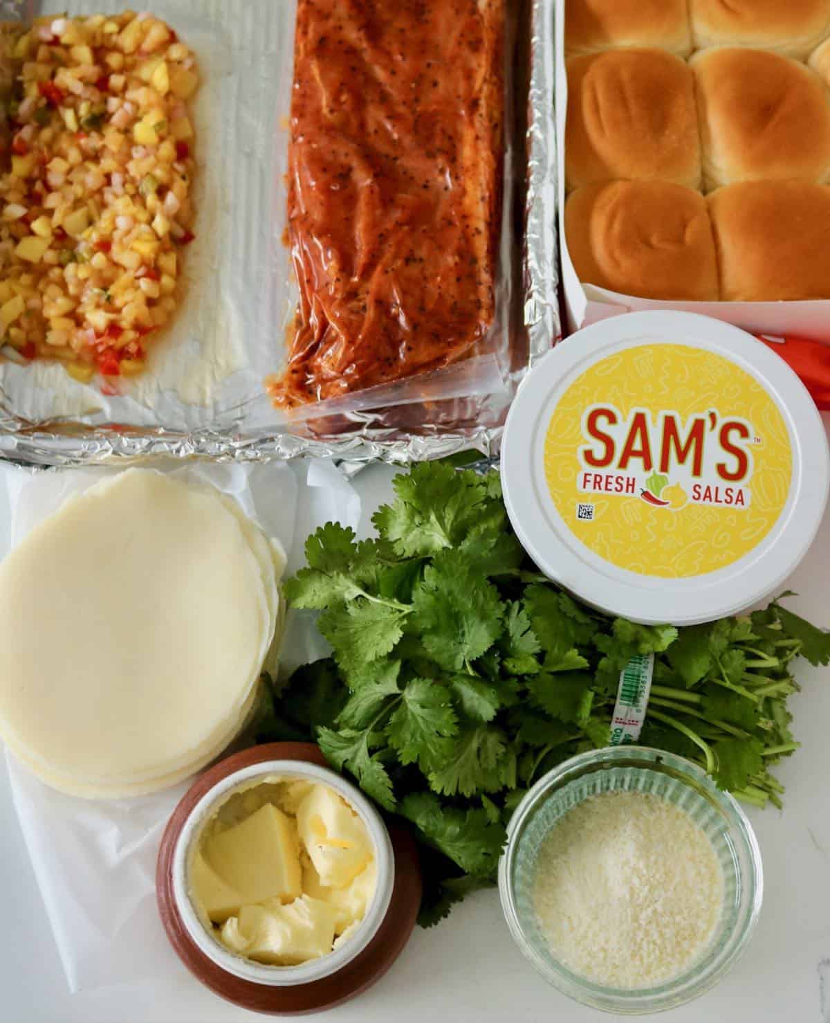 Recipe ingredients for mango pineapple pork sliders.