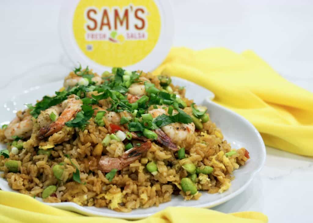 Sheet pan salsa shrimp fried rice.