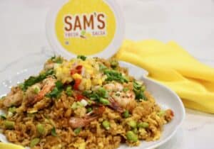 Sheet Pan Salsa Shrimp Fried Rice.