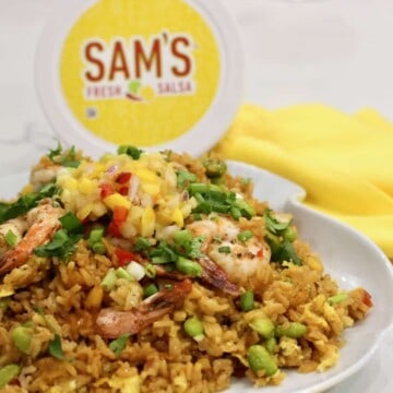 Sheet Pan Salsa Shrimp Fried Rice.