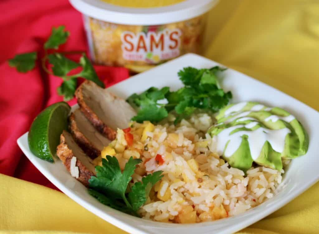 Mango pineapple salsa rice bowl.