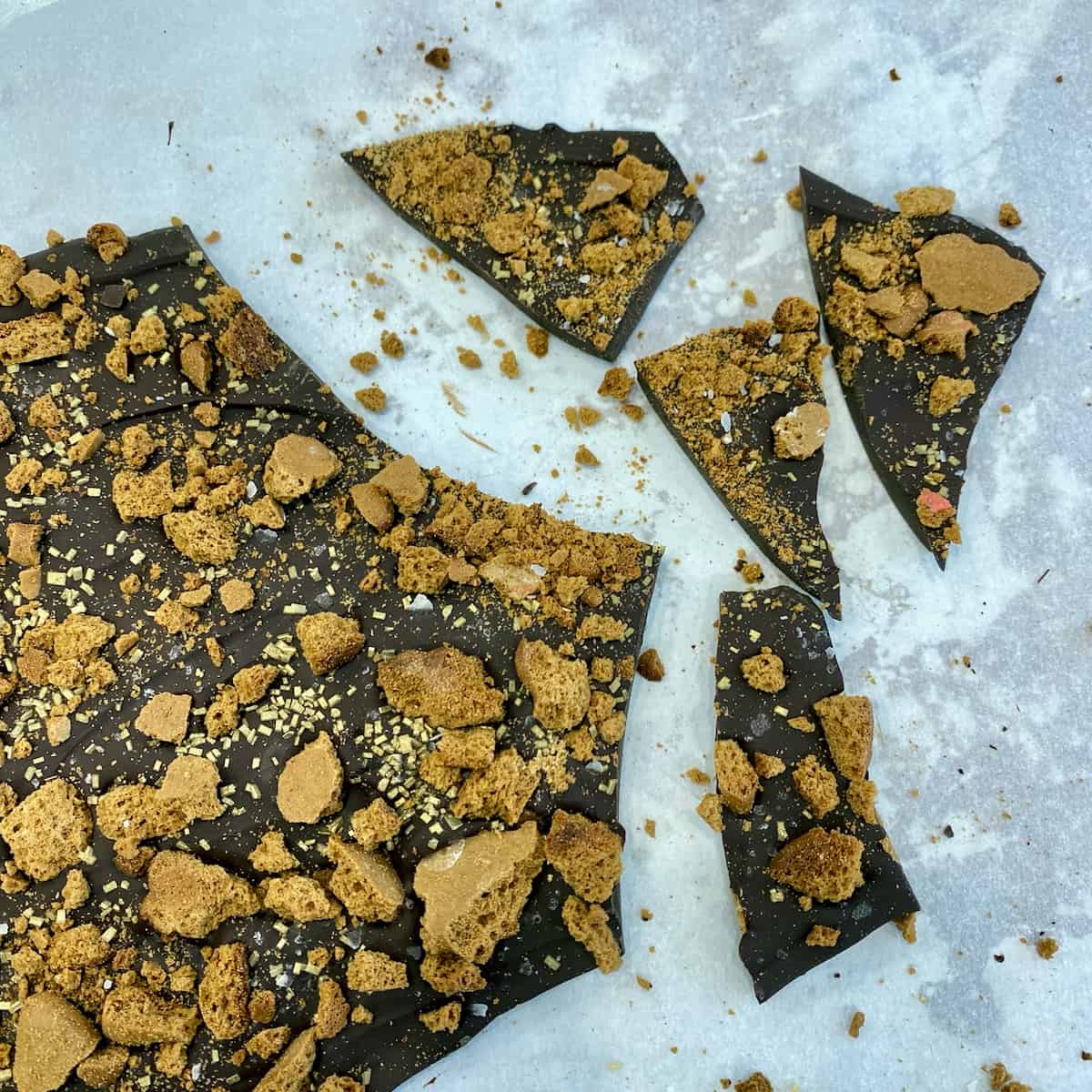 Pieces of gingerbread chocolate bark.