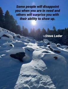 A snow scene with a Steve Leder quote.