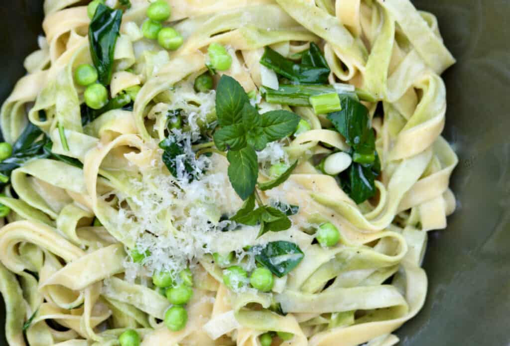 Ramp pasta with a spring pea sauce.