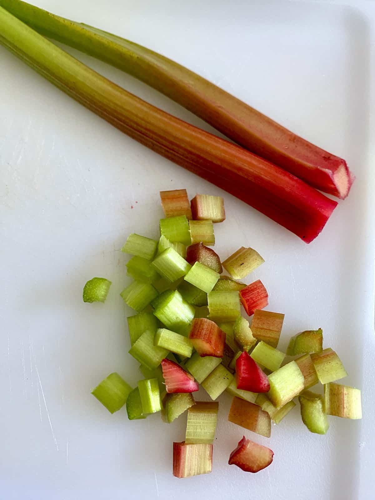 Small diced rhubarb and rhubarb stalks.