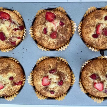 Fresh picked strawberry rhubarb muffins.