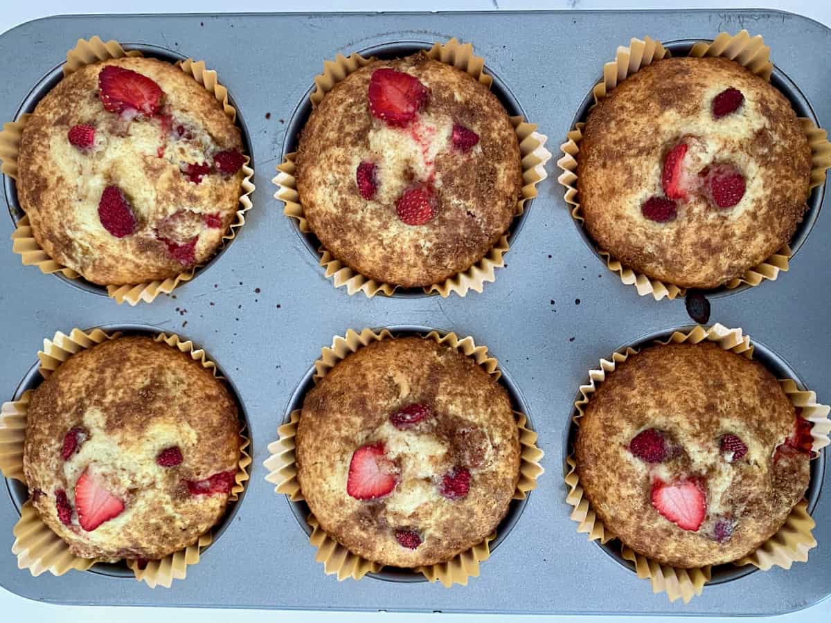 Fresh picked strawberry rhubarb muffins.