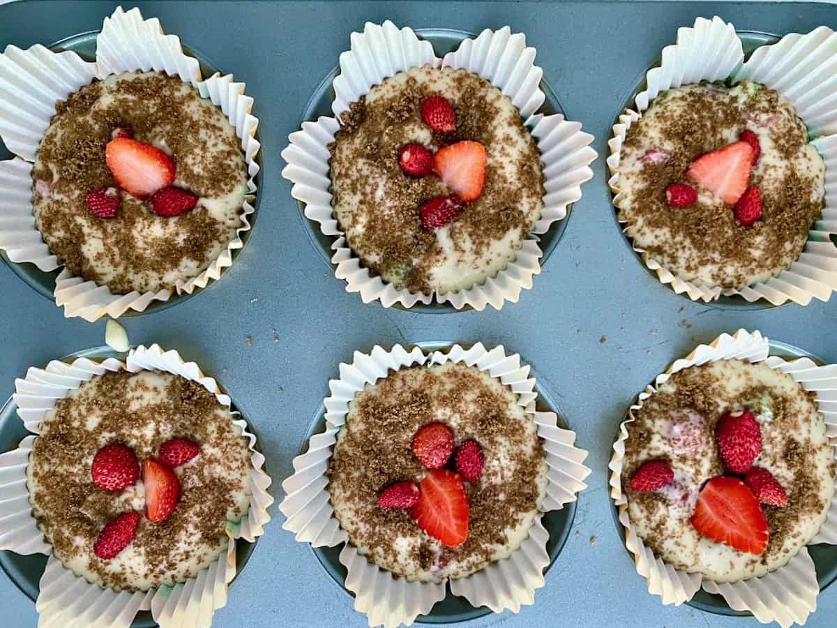 Fresh picked strawberry rhubarb muffins ready to bake.