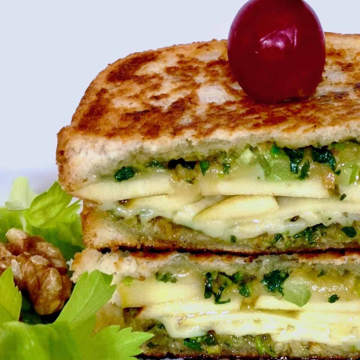 The Waldorf Salad Grilled Cheese with Candied Walnut Pesto.