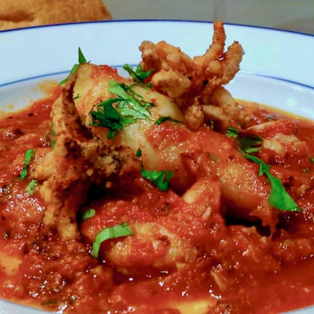 The best seafood fra diavolo with shrimp and stuffed calamari.
