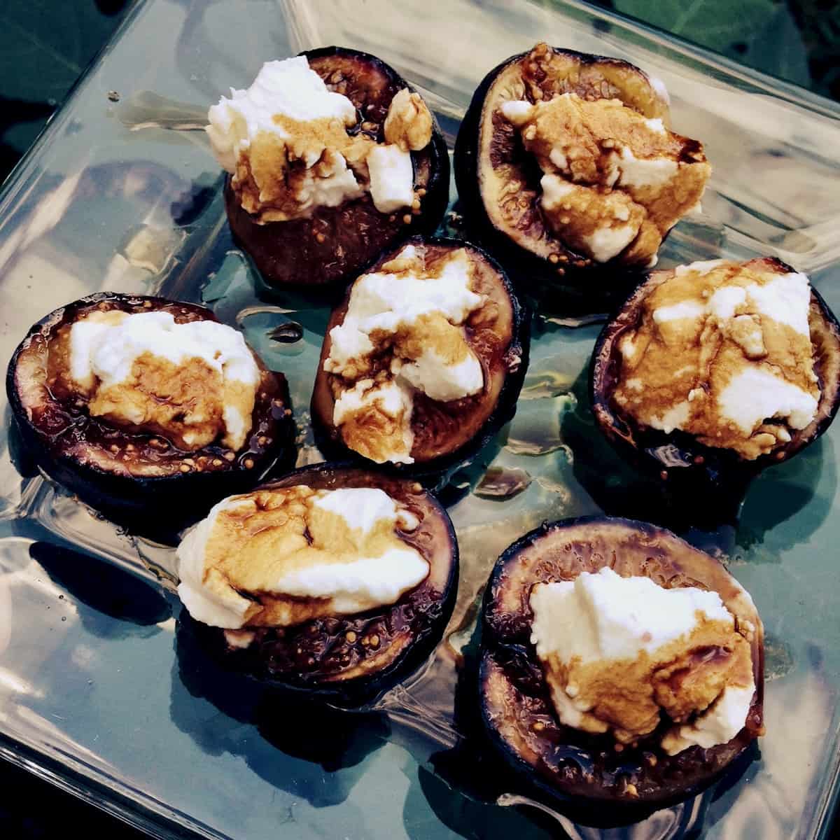 Caramelized fresh figs with goat cheese and balsamic syrup.