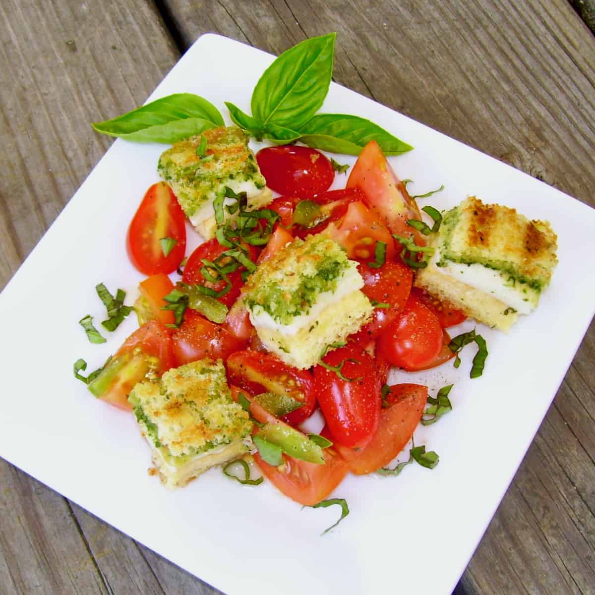 Heirloom Tomato Salad with Pesto Grilled Cheese Croutons.