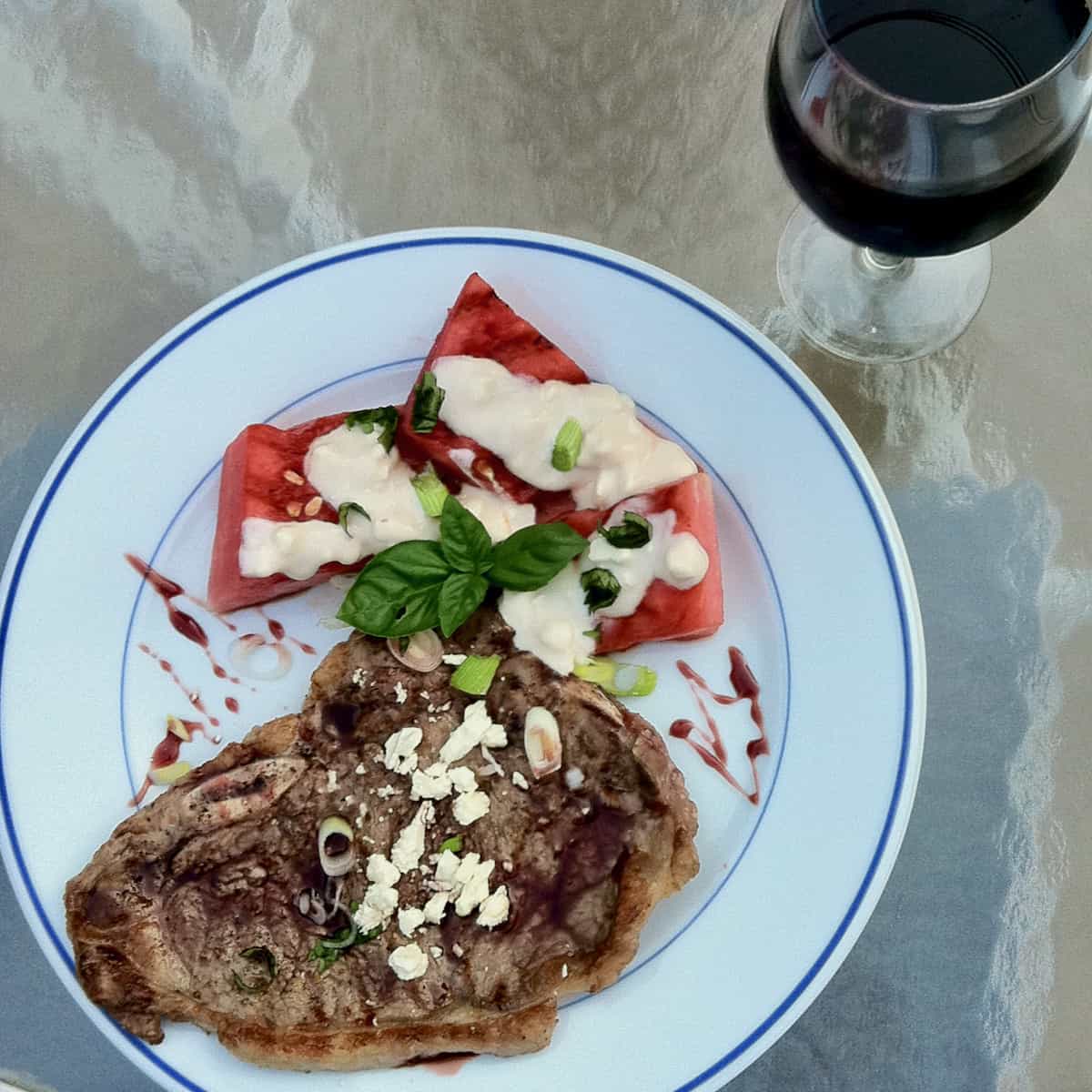 Grilled steak and watermelon wedge salad.