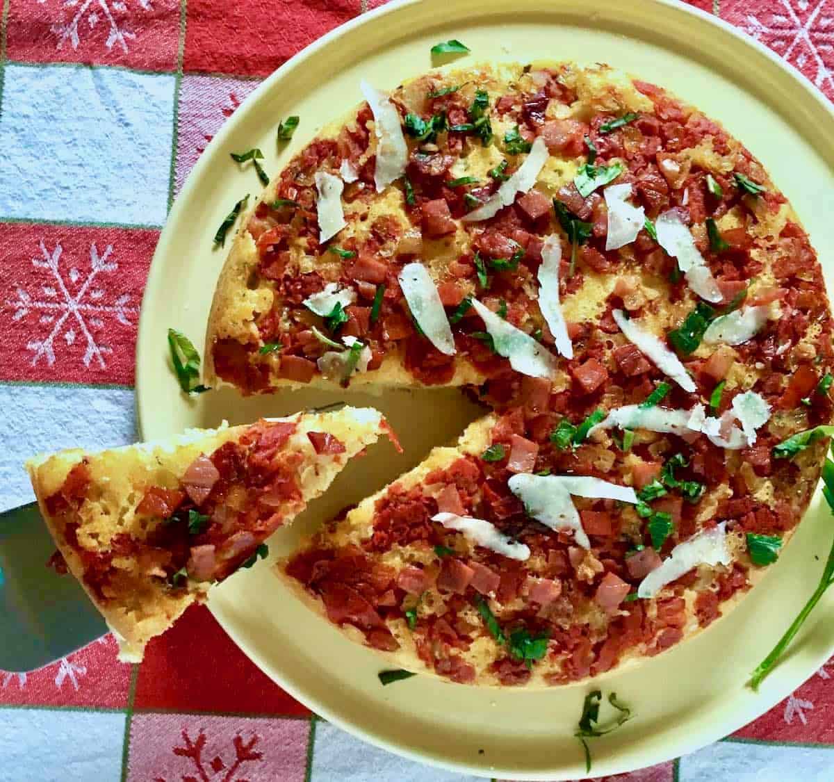 Slice of the perfect winter tomato pie.