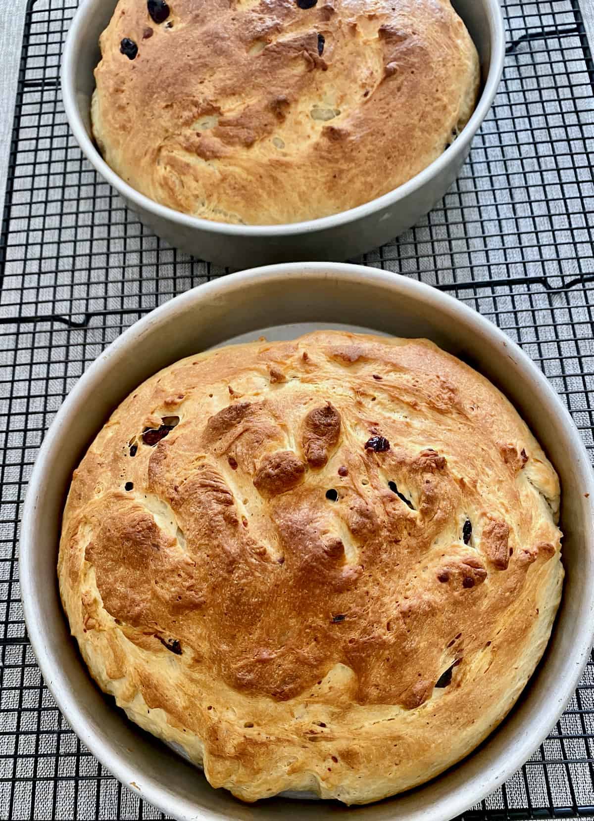 Baked loaves of bread on cooling rack.