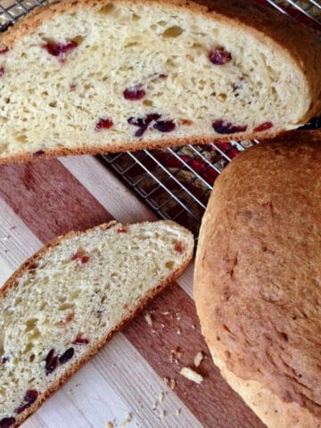 Sliced smokehouse cranberry cheese bread.