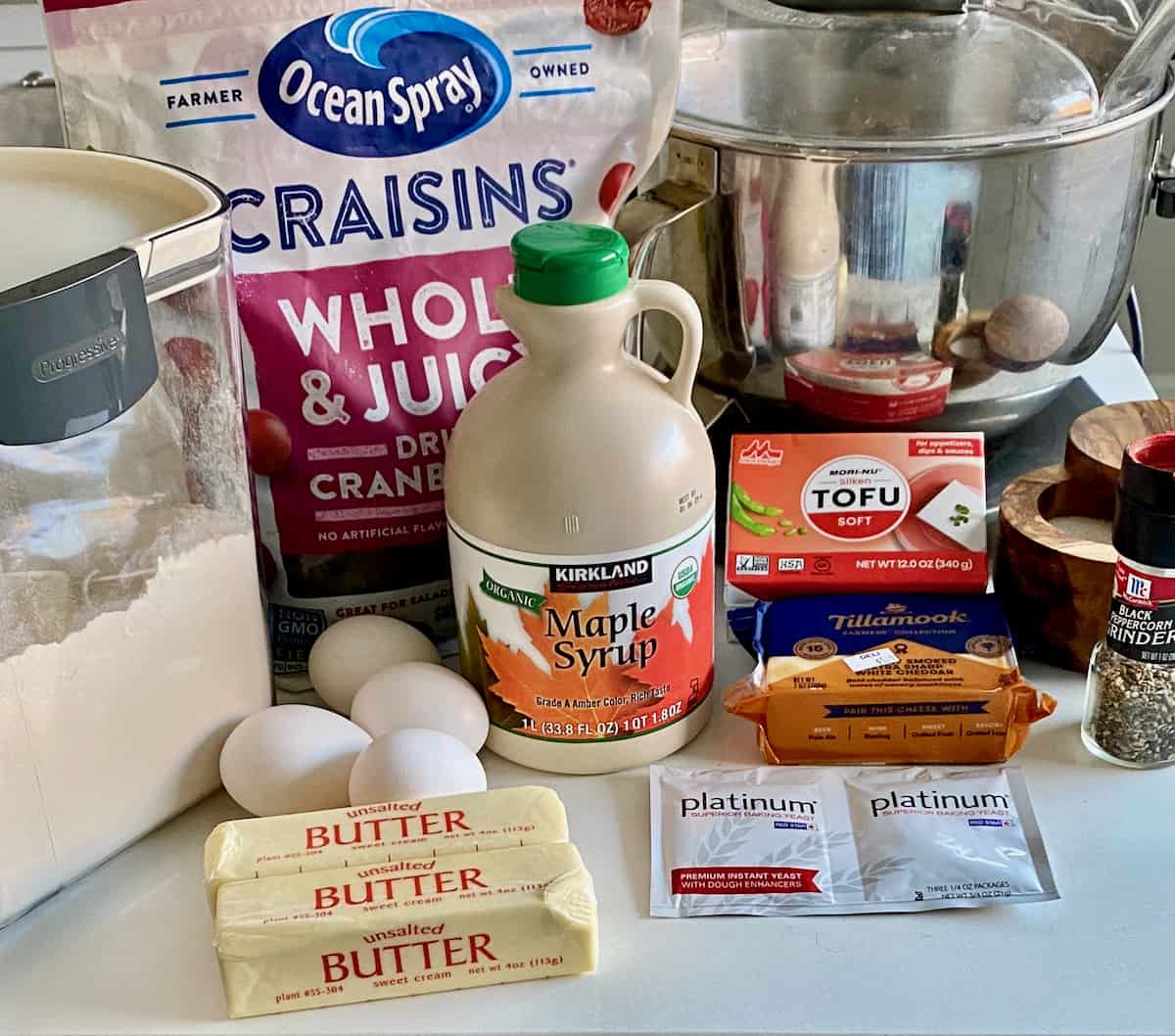 Bread ingredients for cheese bread with cranberries.