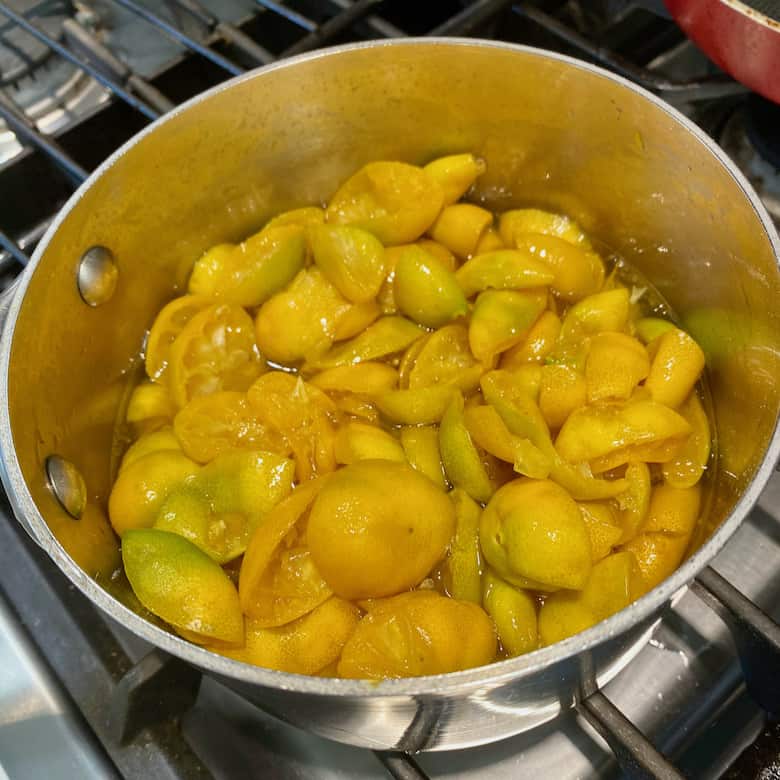 Fruit peels in a pot for simple syrup.