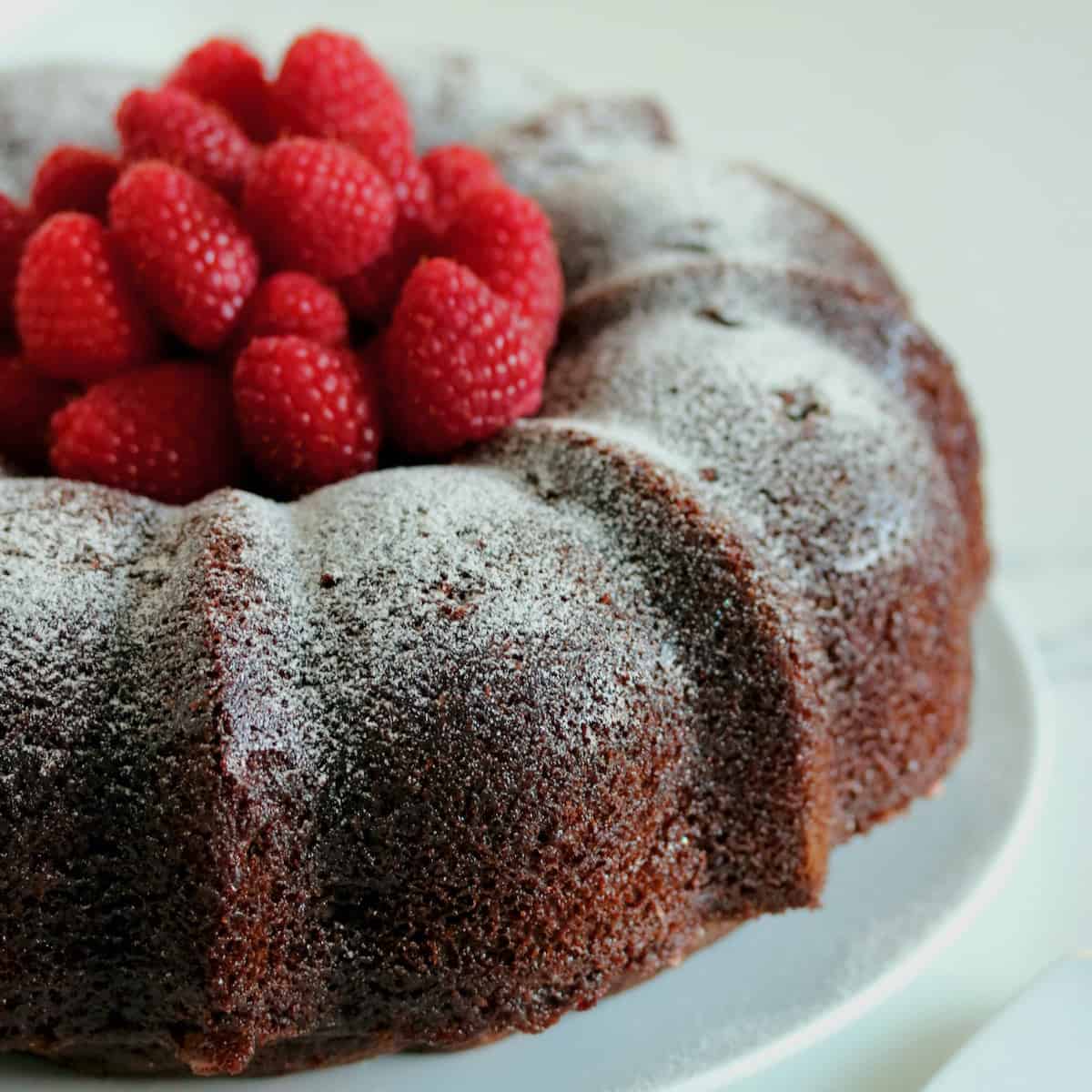 Chocolate bundt cake with raspberries.