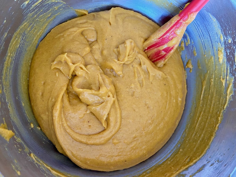 Pumpkin bread batter fully mixed.