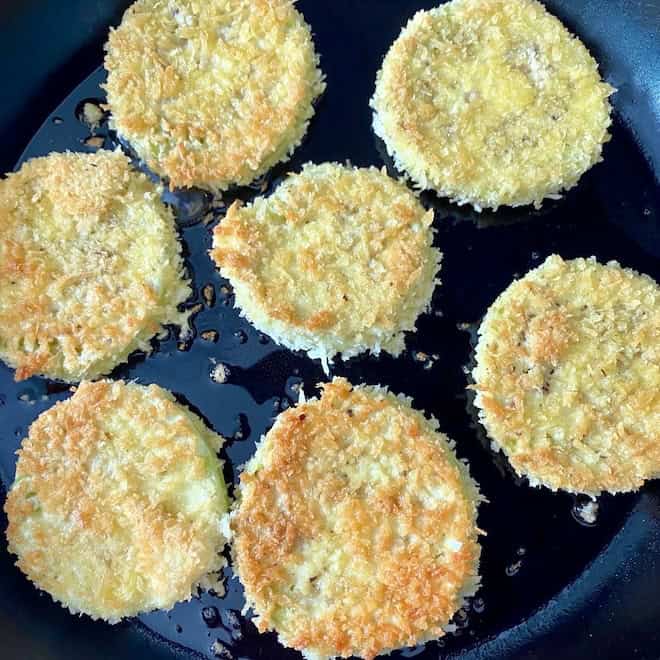 Frying eggplant.