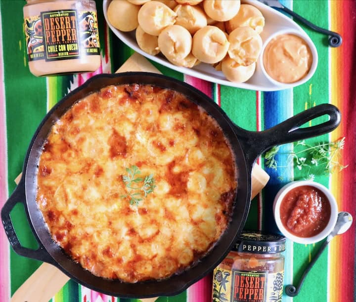Lasagna dip with chorizo and queso cheese bread.