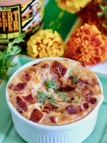 Corn tortilla casserole baked in a ramekin.