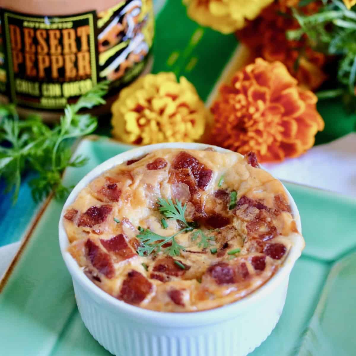 Corn tortilla casserole baked in a ramekin.
