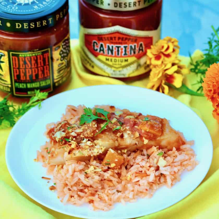 Easy salsa cod dinner with rice.