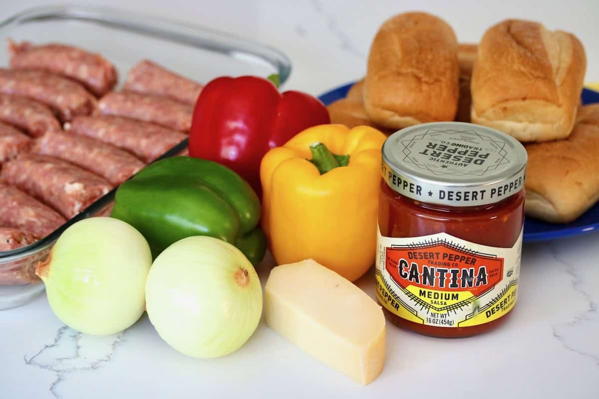 Ingredients for oven baked sausage and peppers recipe.