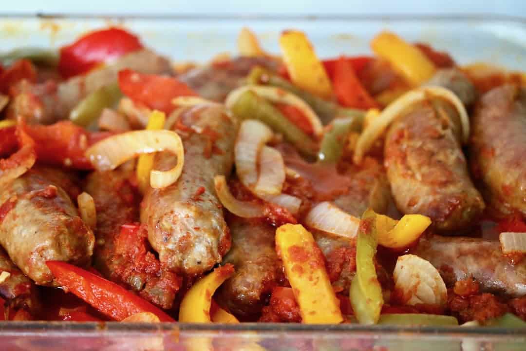 Oven baked sausage and peppers.