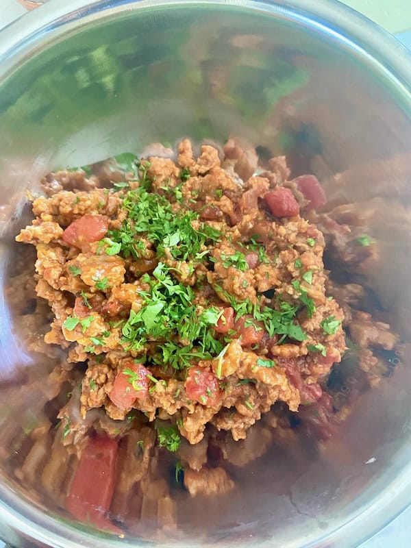 Cooked chorizo filling for puff pastry tacos.