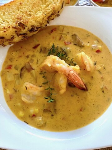 Shrimp and corn chowder with popped wild rice cornbread.