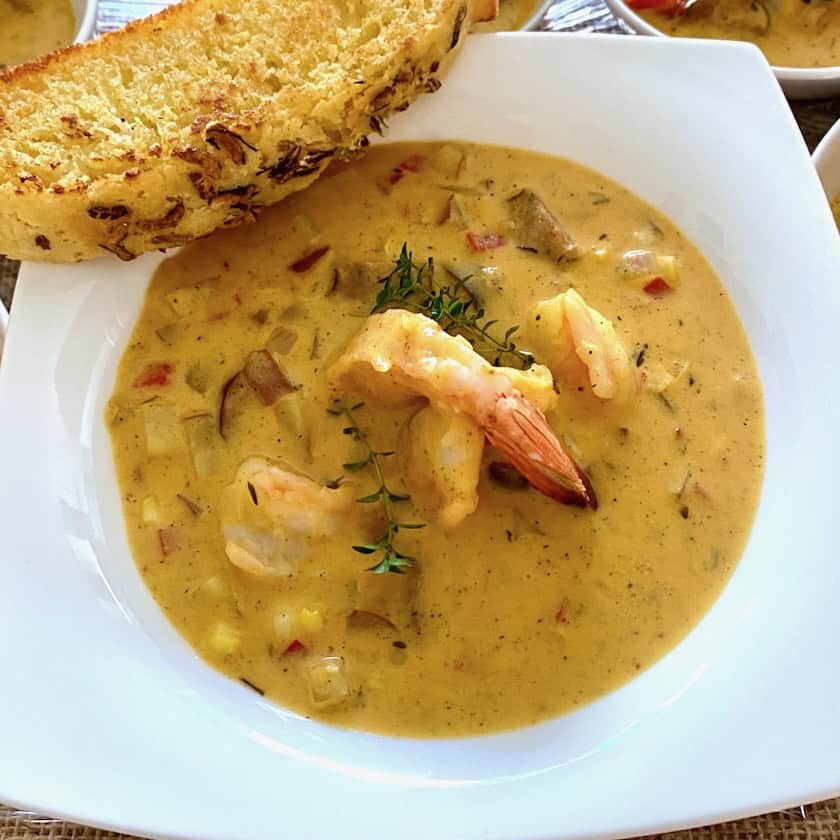 Shrimp and corn chowder with popped wild rice cornbread.