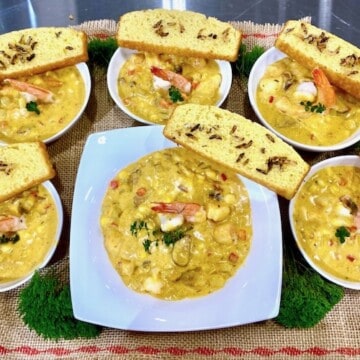 Shrimp and corn chowder with popped wild rice cornbread.