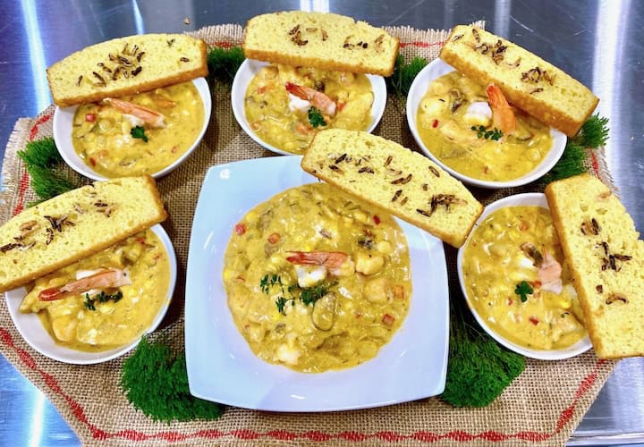 Shrimp and corn chowder with popped wild rice cornbread.