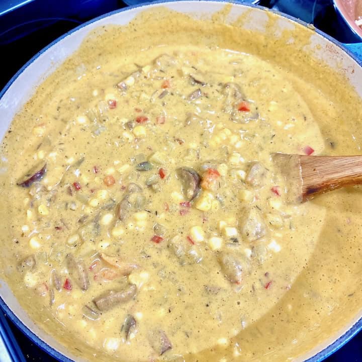 Shrimp and corn chowder with wild rice.