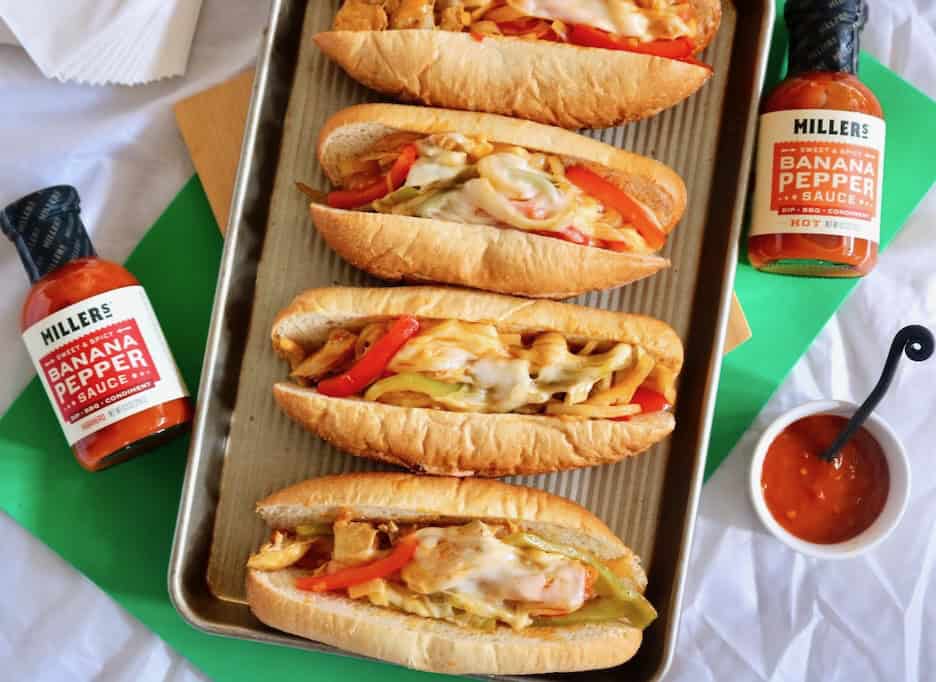Game day chicken cheese steak sandwiches.