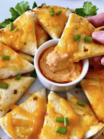 The best game day appetizer chicken quesadilla dipped.